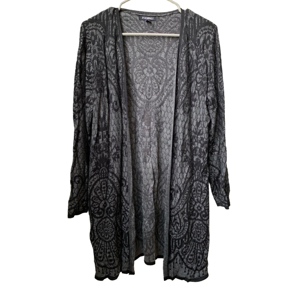 ROZ & ALI Women’s Black Gray Print Long Sleeve Open Front Rayon Duster Cardigan